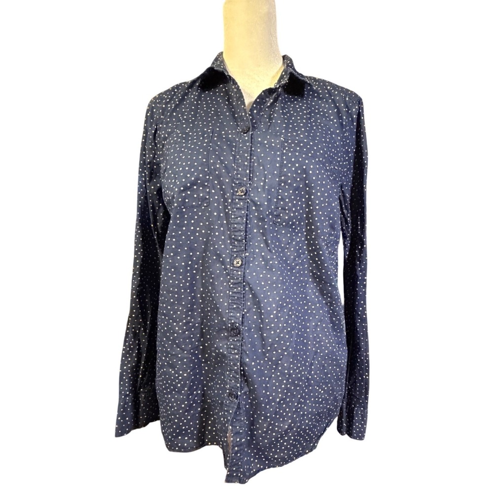 Liz Claiborne Womens Navy Blue White Polka Dot Button Down Long Sleeve Shirt